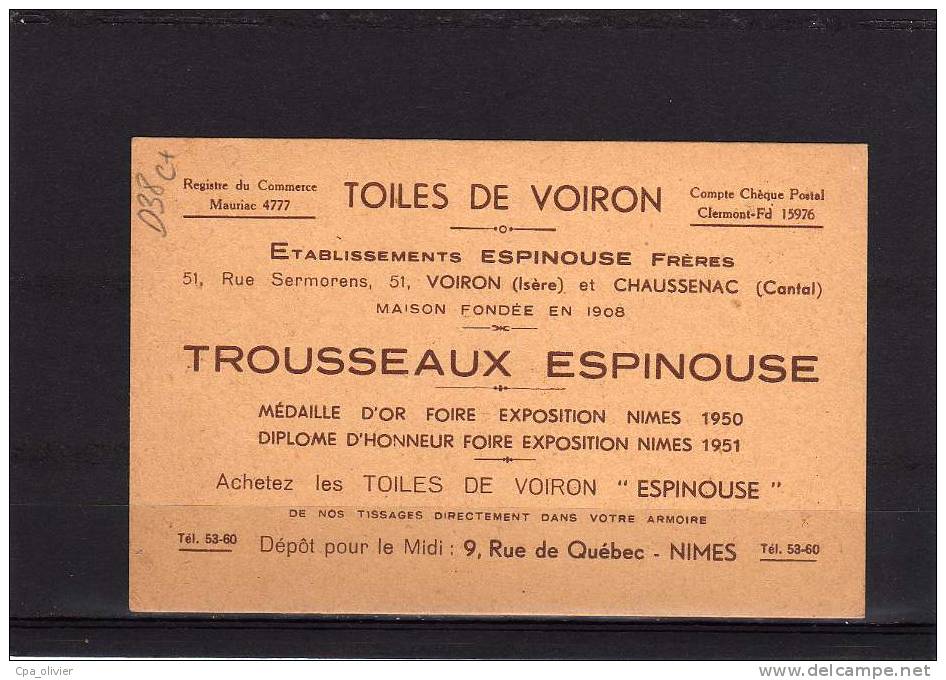 38 VOIRON Ets Espinouse Frères, Toiles De Voiron, 51 Rue Sermorens, Carte Pub 8x12.5, 195? - Voiron