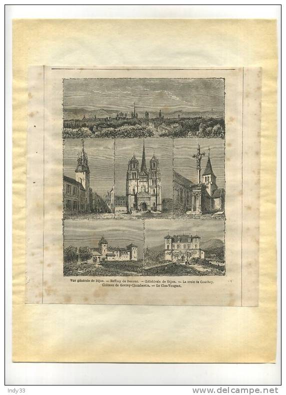 - VUES DE DIJON , DE BEAUNE , LA CROIX DE COUCHEY , GEVREY-.  GRAVURE SUR BOIS DU XIXe S. DECOUPEE ET COLLEE SUR PAPIER - Prints & Engravings