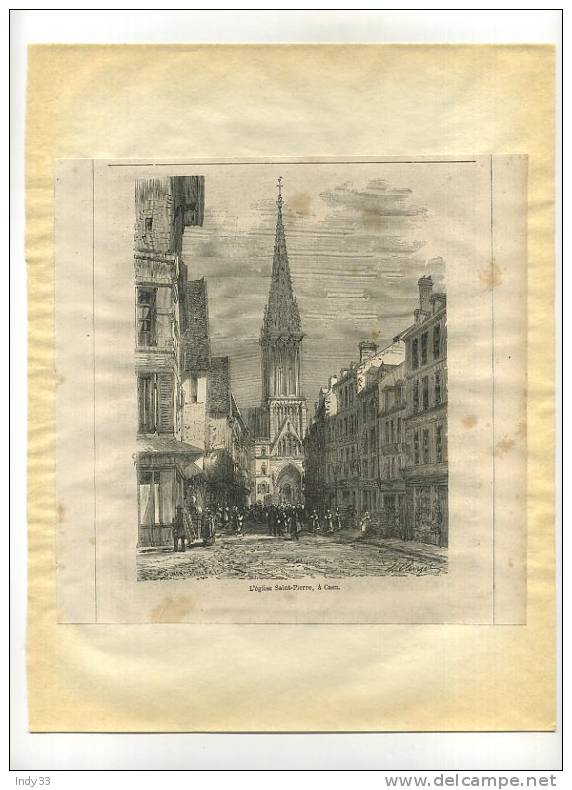 - EGLISE SAINT-PIERRE A CAEN  . GRAVURE SUR BOIS DU XIXe S. DECOUPEE ET COLLEE SUR PAPIER - Prints & Engravings