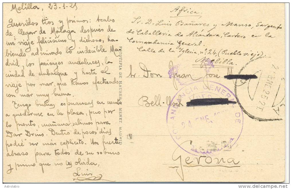 Comandancia General De Melilla 1925 Marque Et Obliteration, Circulée A Gerona - Militärpostmarken