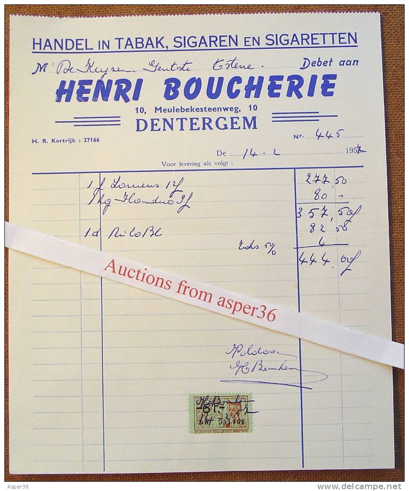 Factuur "Tabak, Sigaren, Henri Boucherie, Dentergem 1957" - 1950 - ...