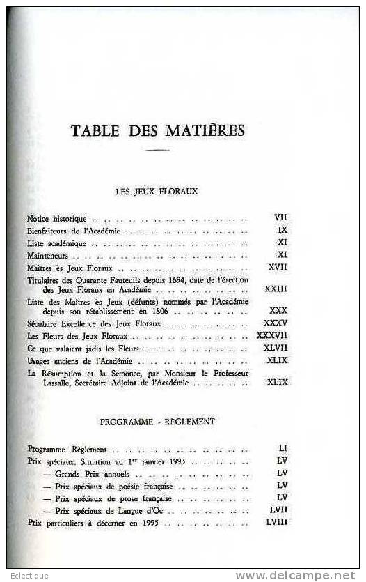 Recueil De L'Académie Des Jeux Floraux 1994 Hôtel D'Assézat, Poésie, Prose, Français, Occitan - Midi-Pyrénées