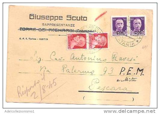 3793)cartolina Con 2x50c  Imperiale P.M. + 2x20c Imperiale Da Cremona A Pescara Il 2-8-1945 - Marcophilie