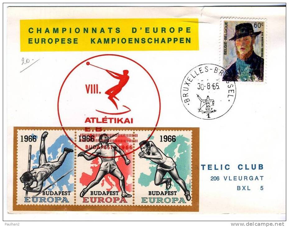 FDC / 1 °JOUR FEUILLET CHAMPIONNAT D'ATHLETISME BUDAPEST 1966 - E98 - SPORTS - HONGRIE / BRUXELLES 30.08.1965 - Erinnofilia [E]