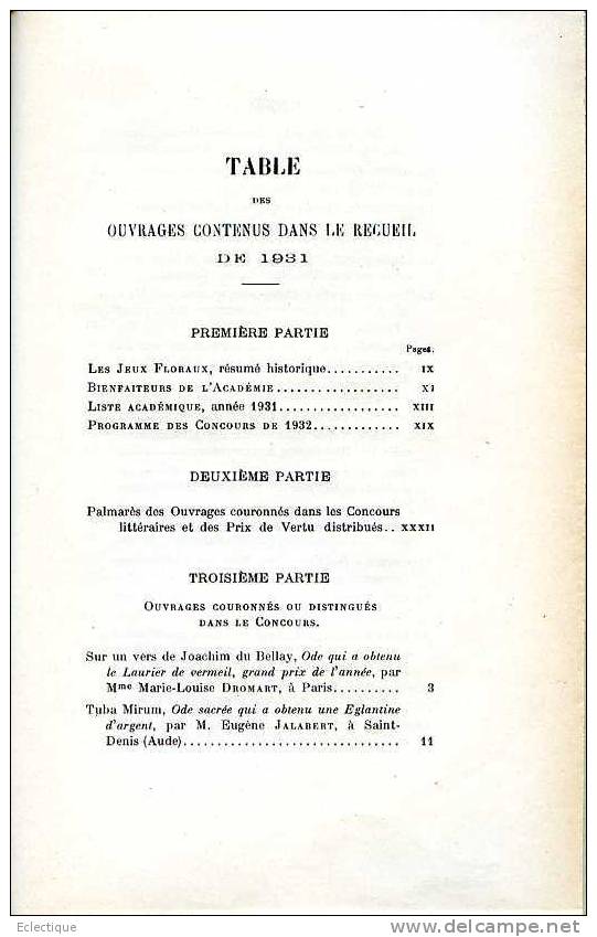 Recueil De L'Académie Des Jeux Floraux 1931, Hôtel D'Assézat, Poésie, Prose, Français, Occitan - Midi-Pyrénées