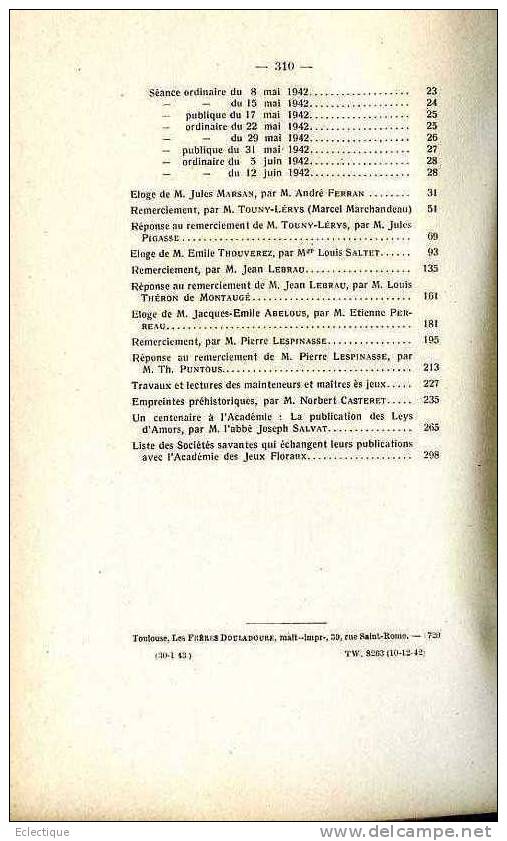 Annales De L'Académie Des Jeux Floraux 1942, Hôtel D'Assézat, Poésie, Prose, Français, Occitan - Midi-Pyrénées