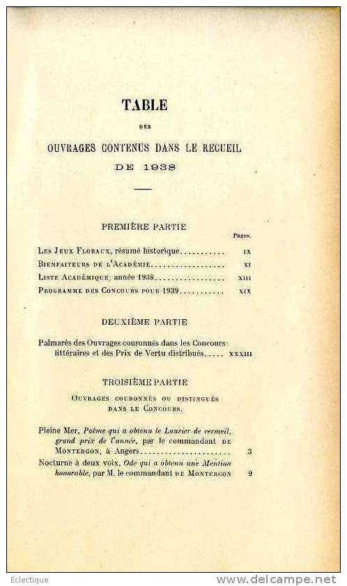 Recueil De L'Académie Des Jeux Floraux 1938, Hôtel D'Assézat, Poésie, Prose, Français, Occitan - Midi-Pyrénées