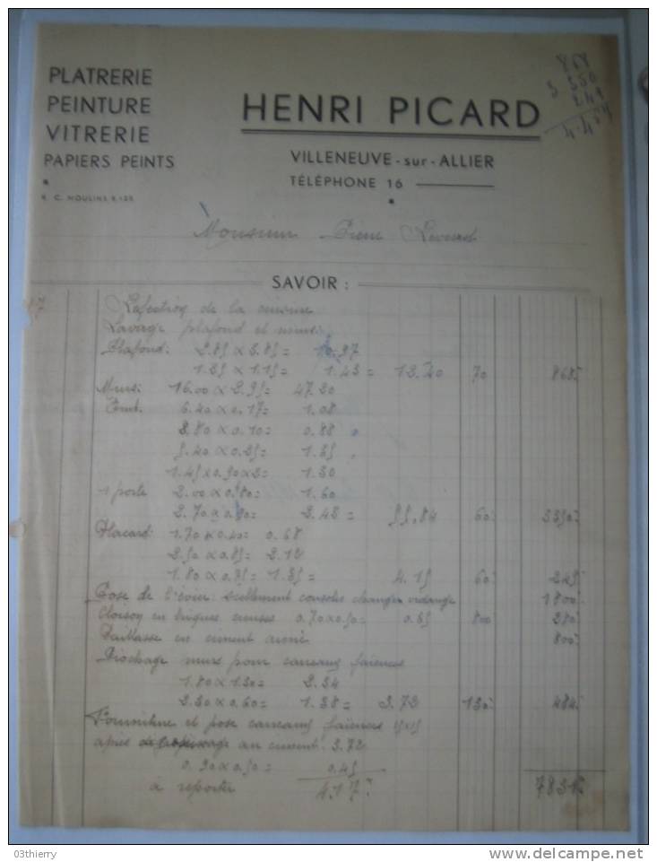 FACTURE-DEPT 03-VILLENEUVE-H.PICARD-PLATRERIE PEINTURE VITRERIE- - Autres & Non Classés