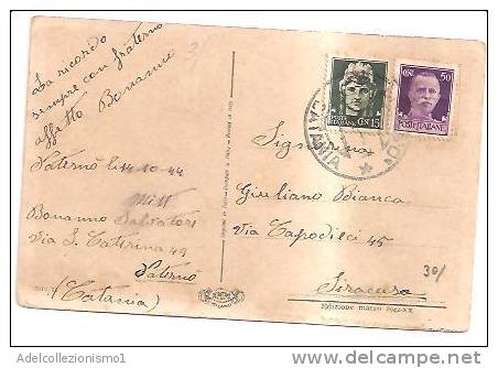 3830)cartolina Con 15 + 50c Imperiale Da Paternò A Siracusa Il 14-10-1944 - Marcophilie