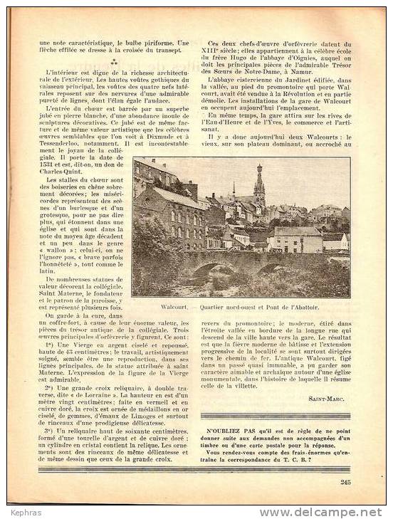 Touring Club Belgique N° 16 Aout 1935 - Articles Sur WALCOURT / VILLES DE LA DENDRE Voir Descriptif - 1900 - 1949