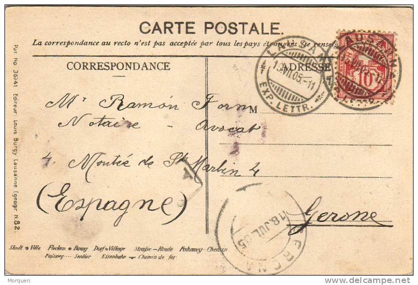 Postal LAUSANNE (suiza) A Gerona (España) 1905 - Cartas & Documentos