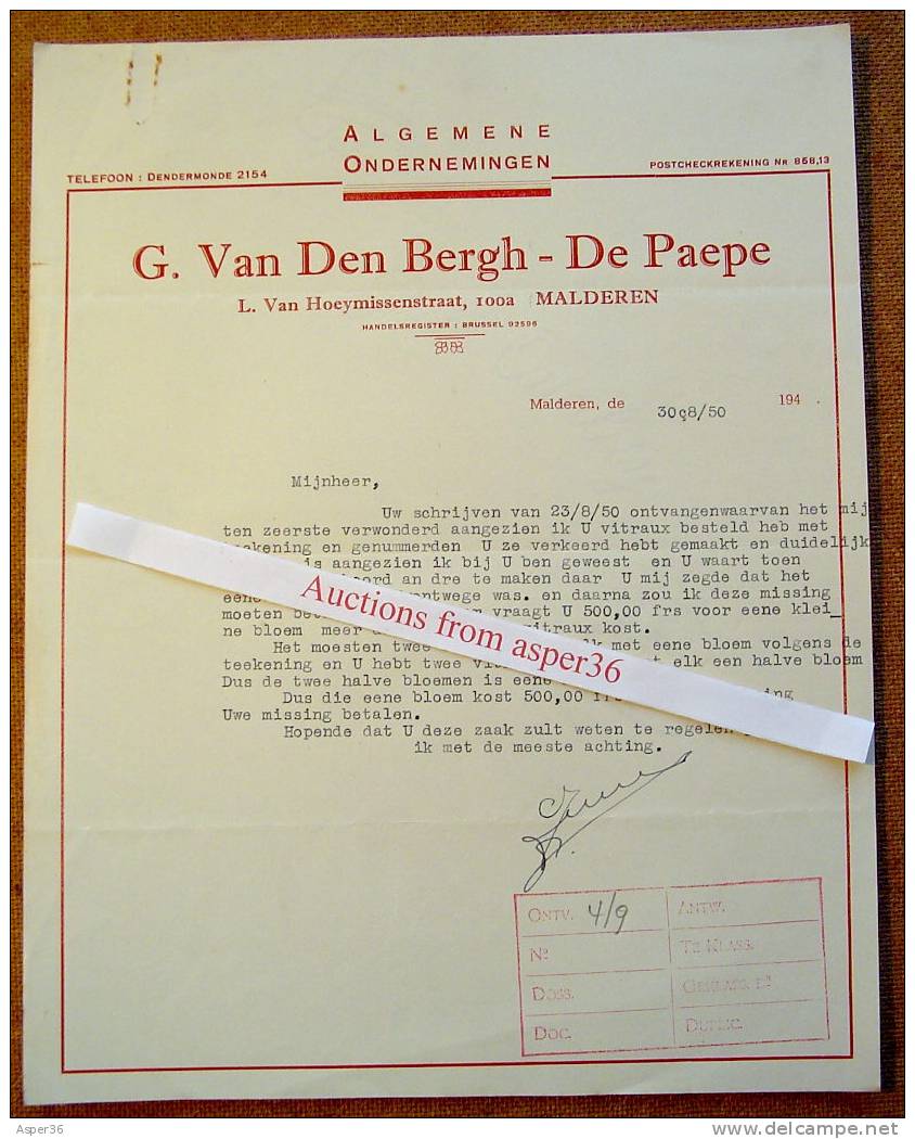 Brief "Algemene Ondernemingen, Van Den Bergh-De Paepe, Malderen 1950" - 1950 - ...