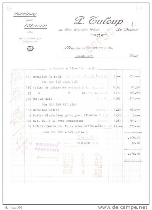 Facture De La Société P. TULOUP (Fournitures Pour Electricité) De Le Creusot Et De 1933 - Elektrizität & Gas