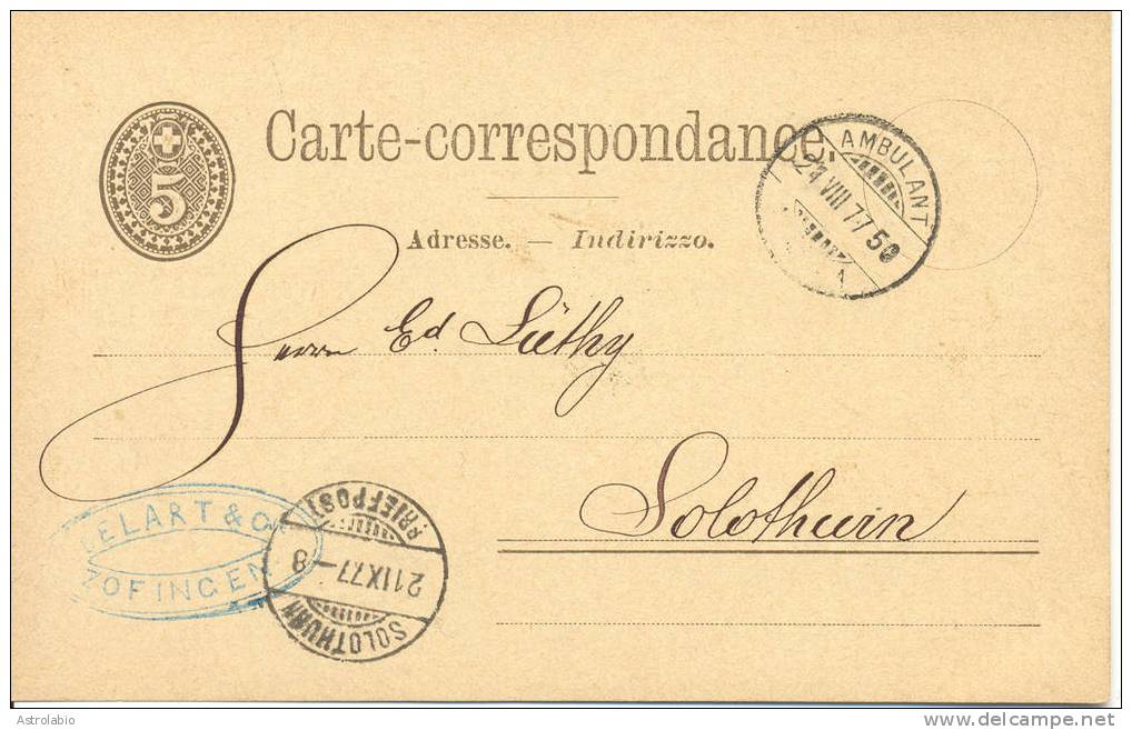 Suisse 1877 " Obliteration Ambulant " Railway, Entier Postal Circule - Chemins De Fer