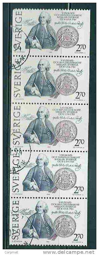 SWEDEN - BENJAMIN FRANKLIN STRIP OF 5 SE-TENANT FROM THE BOOKLET - Yvert # C 1214  - VF USED - Blocks & Kleinbögen