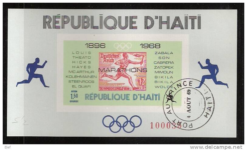 HAITI, Jeux Olympiques 1968 Mexico, Bloc Feuillet Obl,  Vert Et Rouge " Marathon" ; TB - Zomer 1968: Mexico-City