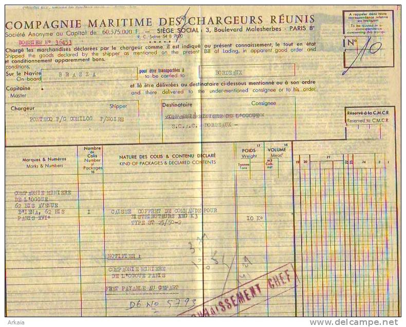 CONNAISSEMENT = Compagnie Maritime Des Chargeurs Réunis - Navire Brazza - Maritime