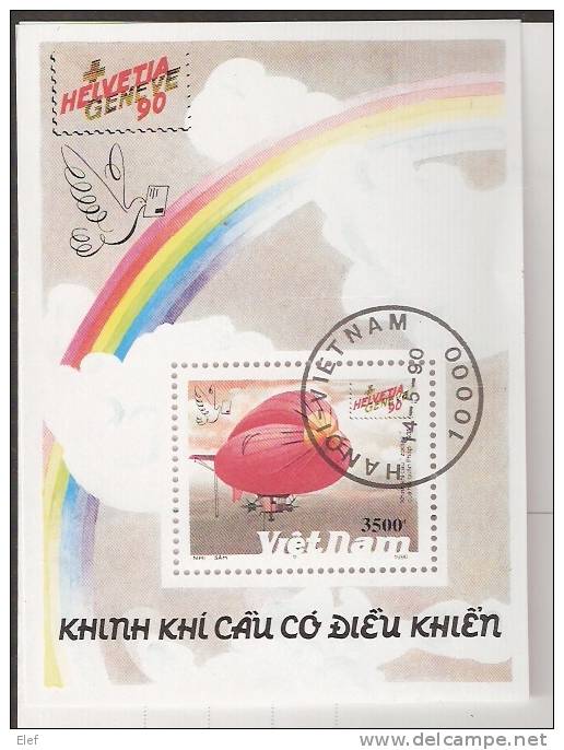 VIETNAM, 1990 , Bloc Feuillet Yvert N° 60 "Dirigeable ZODIAC 1931 " Expo Helvetia 90 & London 90 ; Obl TB - Zeppelines