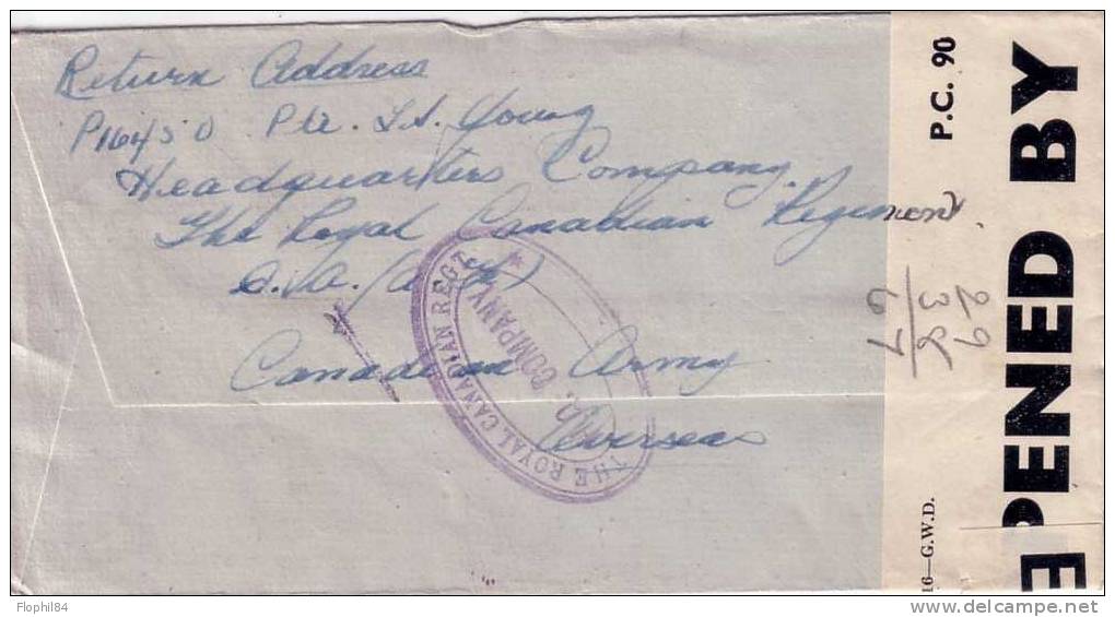 GRANDE BRETAGNE-FIELD POST OFFICE 310-15-3-1942 -CENSURE PC90-VERSO CACHET OVALE VIOLET THE ROYAL CANADIAN REGT HQ COMPA - Nigeria (...-1960)