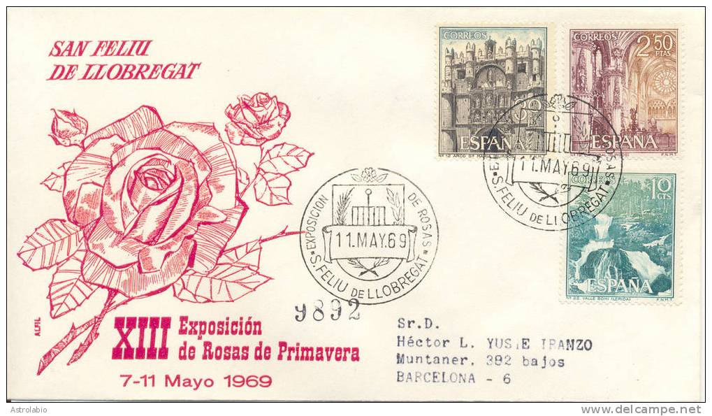 XIII Exposición De Rosas 1969 Obliteration Rose, Recommande - Roses