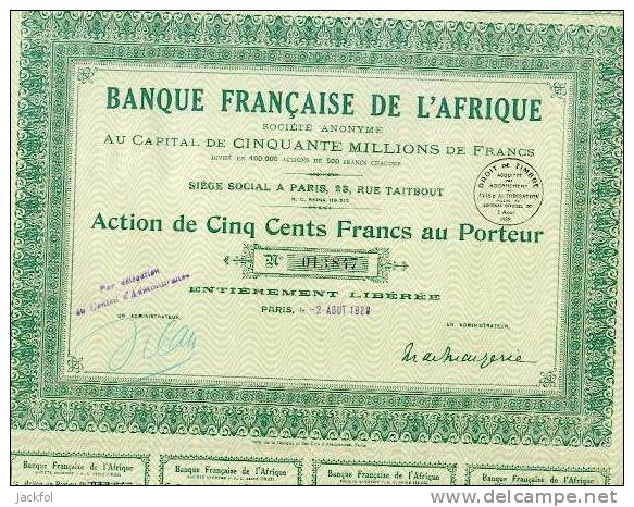 BANQUE FRANCAISE DE L´AFRIQUE - Banco & Caja De Ahorros