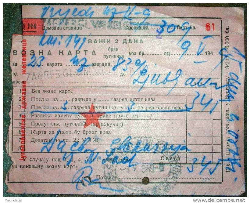 Yugoslavia,FNRJ,Train Ticket,Traveling Ticket,Zagreb,Main Railway Station,History,Document,vintage - Europa