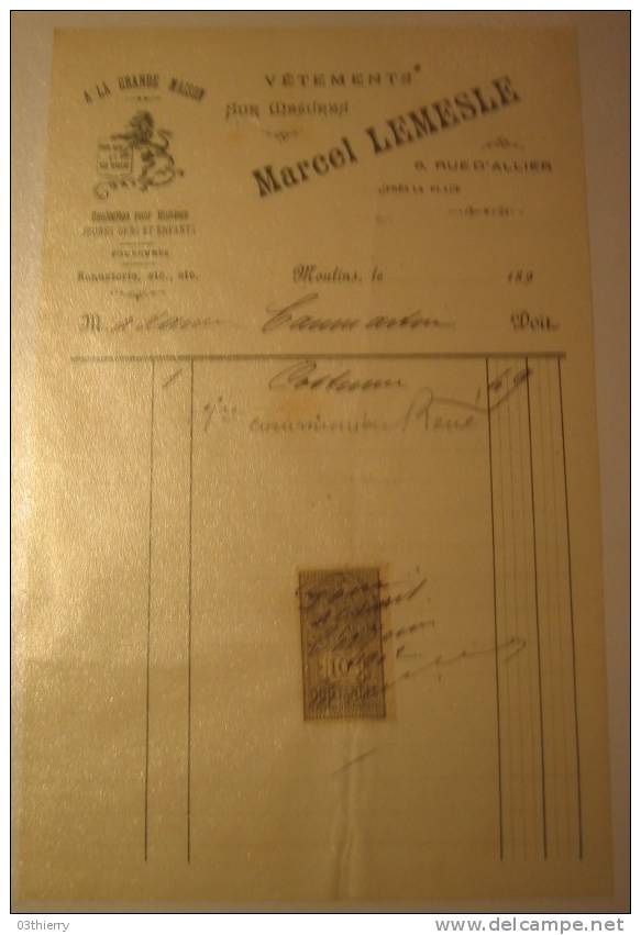 FACTURE-MARCEL LESMELE-VETEMENTS SUR MESURE-MOULINS-ALLIER-1902-TIMBREE- - Other & Unclassified