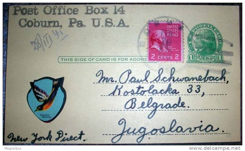 United States,Stationery,Upgraded,Additional Stamp,Golden Oriole,Label,Bird,vintage Postcard - 1901-20
