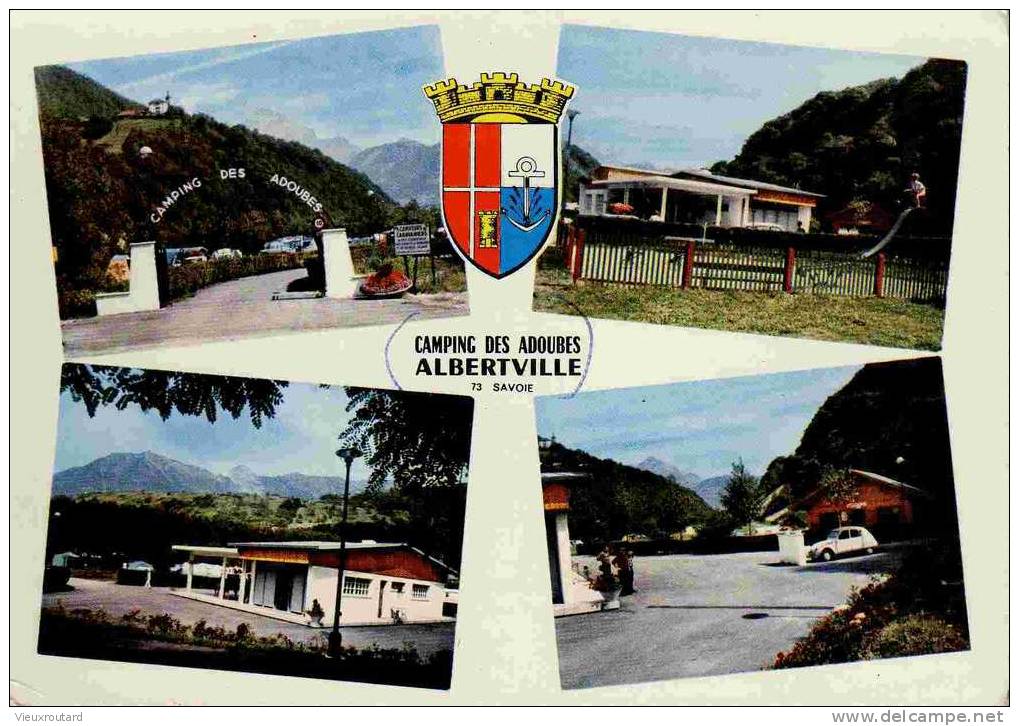 CPSM. ENTREE DU CAMPING DES ADOUBES. AU FOND LE MONT CHARVIN. BUREAU ACCUEIL ET SANITAIRE. ....DENTELLEE. BON ETAT - Albertville