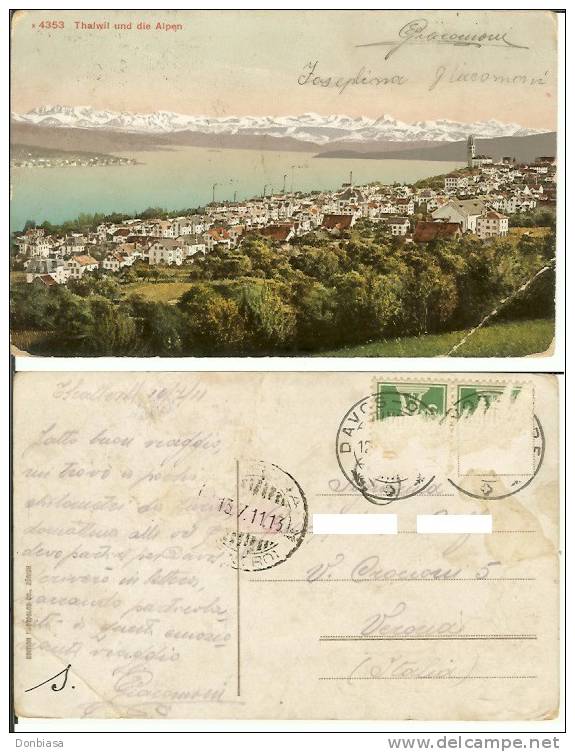 Thalwil Und Die Alpen. Postcard Travelled On 13/07/1911 To Italy. - Thalwil