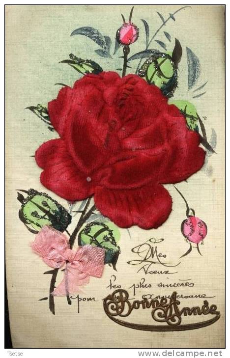 Jolie Carte Avec Fleur En Tisssu Et Relief - Autres & Non Classés