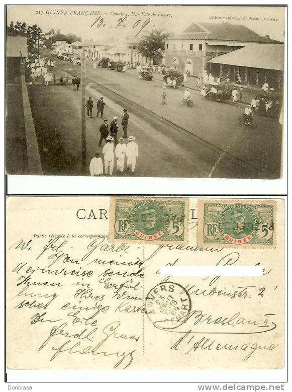 Guinée Française, Conakry: Une Fete De Fleurs. Carte Postale Voyagée En 1909, Animèe. - Guinea Francesa