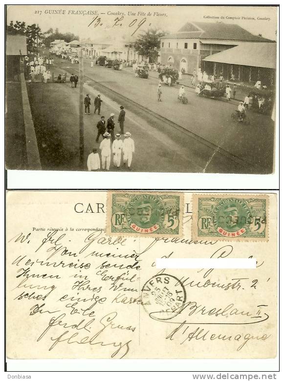 Guinée Française, Conakry: Une Fete De Fleurs. Carte Postale Voyagée En 1909, Animèe. - Guinée Française