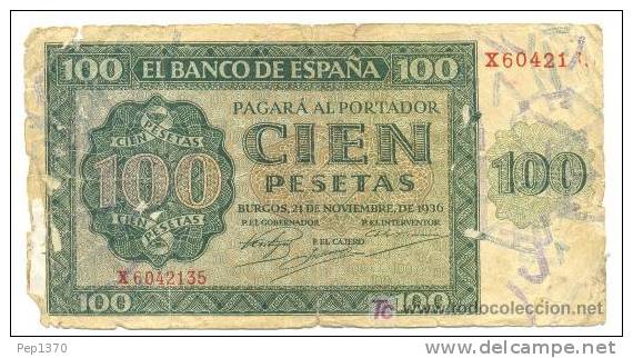 ESPAÑA - BILLETE DE 100 PESETAS OF 1936 MUY USADO - 100 Peseten
