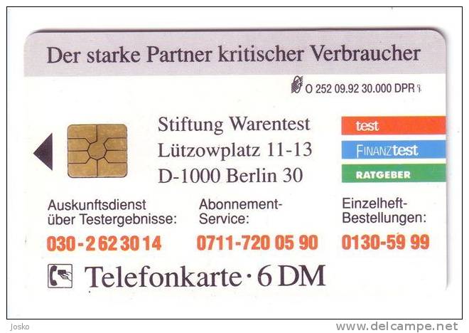 STIFTUNG WARENTEST  ( Germany Rare Card O Serie - Only 30.000 Ex ) ** Damaged Card , See Scan For Condition - O-Series : Series Clientes Excluidos Servicio De Colección