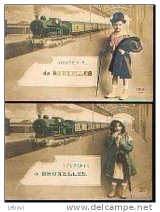 "Souvenir De BRUXELLES" - Lot De 2 Cartes "fantaisie" Avec Train (1912 & 1914) - Chemins De Fer, Gares