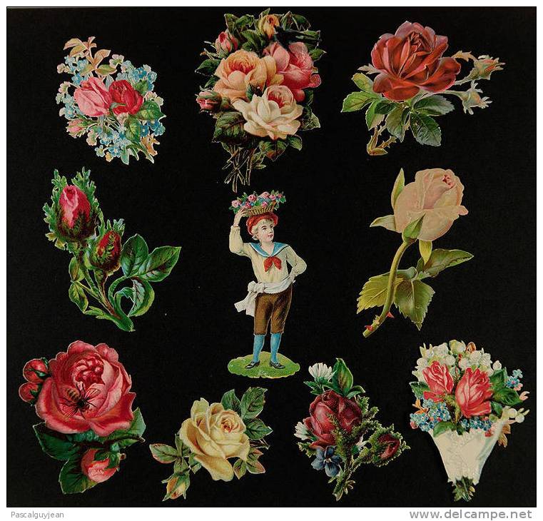 10 Grands Découpis Anciens - 9 Fleurs Et 1 Enfant - DIE-CUT - Flowers