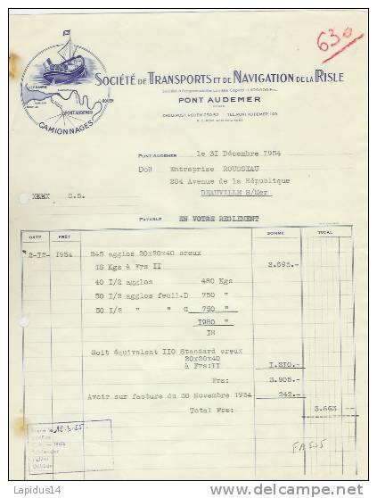 FA 505 / FACTURE SOCIETE DE TRANSPORT ET DE NAVIGATION DE LA RISLE PONT-AUDEMER (27) - Sports & Tourism