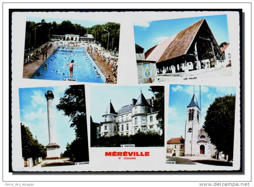 91 MEREVILLE, Multivues, Piscine, Château, église, Colonne, Halles, Voyagé 1970 CPSM 10x15 - Mereville
