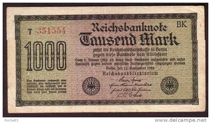 BILLETS ALLEMAGNE - Reichsbankdirektorium - 1.000 Mark - Du 15 09 1922 - Pick 76c - 1.000 Mark