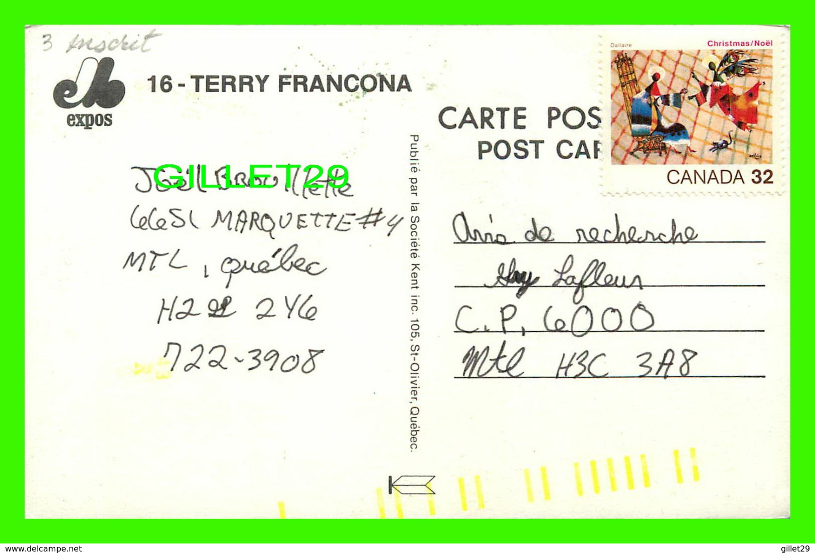 BASEBALL - EXPOS DE MONTRÉAL - TERRY FRANCONA - 1984 - CARTE VOYAGÉE EN 1985 - - Baseball