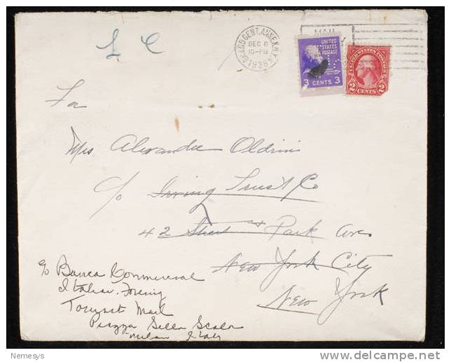 1938 VERY BEAUTIFUL COVER SHIP TO NEW YORK AND THAN TO MILAN ITALY- PERFIN+ CINDERELLAS HEALTH GREETINGS 1938 - Zähnungen (Perfins)