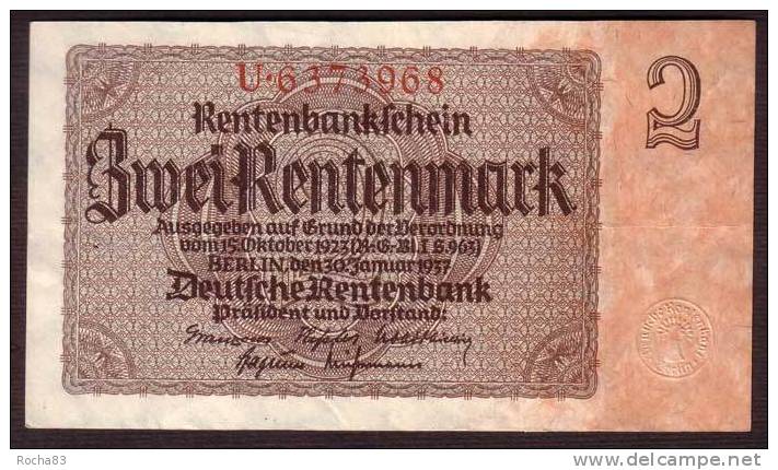 BILLETS ALLEMAGNE - Rentenbankschein - 2 Rentenmark  - Du 30 01 1937 - Pick 174a - 2 Rentenmark