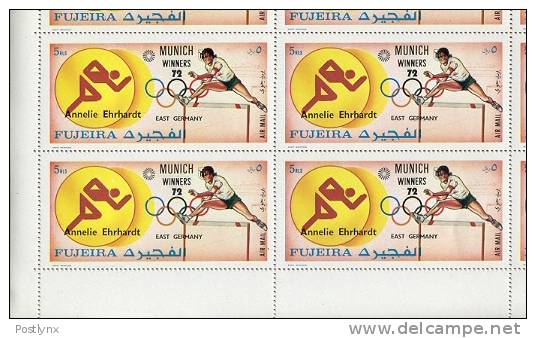 BULK: 2 X OLYMPICS Fujeira 1972, Munich Germany-DDR Ehrhardt Hurdling Jump 5R, Sheet:15 [feuilles,Ganze Bogen,hojas - Fujeira
