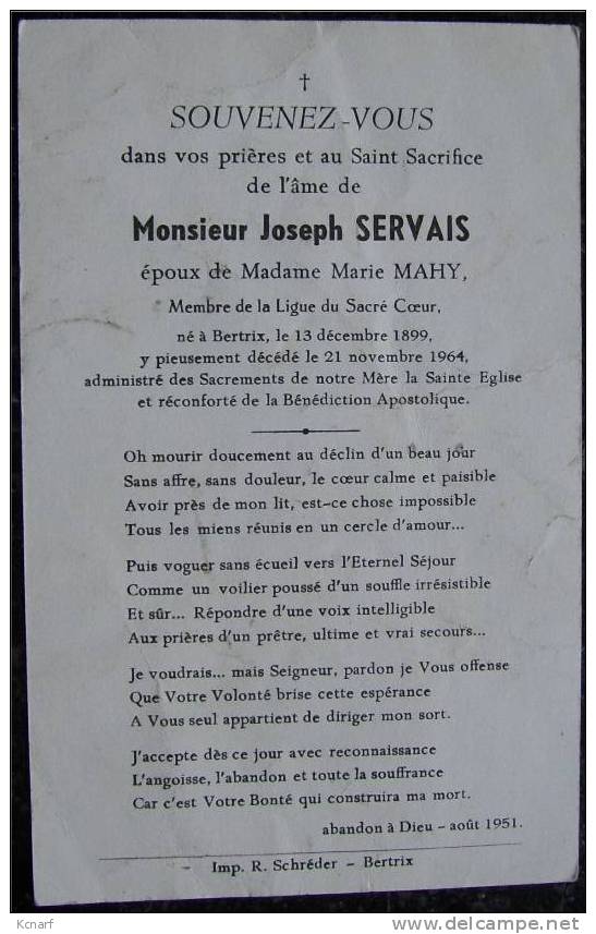 Faire-parts De Déces De BERTRIX De SERVAIS JOSEPH En 1964 . - Other & Unclassified