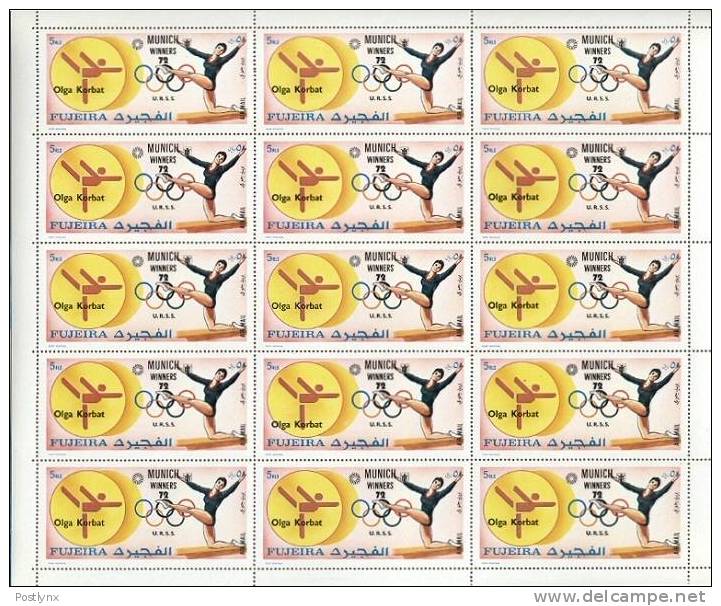 BULK:2 X OLYMPICS Fujeira 1972, Munich USSR Olga Korbat Gymnastics 5R, SHEET:15 Stamps [feuilles,Ganze Bogen,hojas - Fujeira