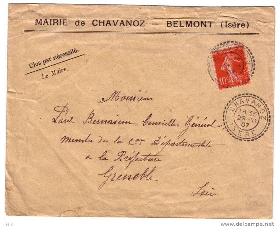 Semeuse Maigre 10c Rouge Sur LSI, Cachet Tireté De Chavanoz, 29-10-07 - Lettres & Documents