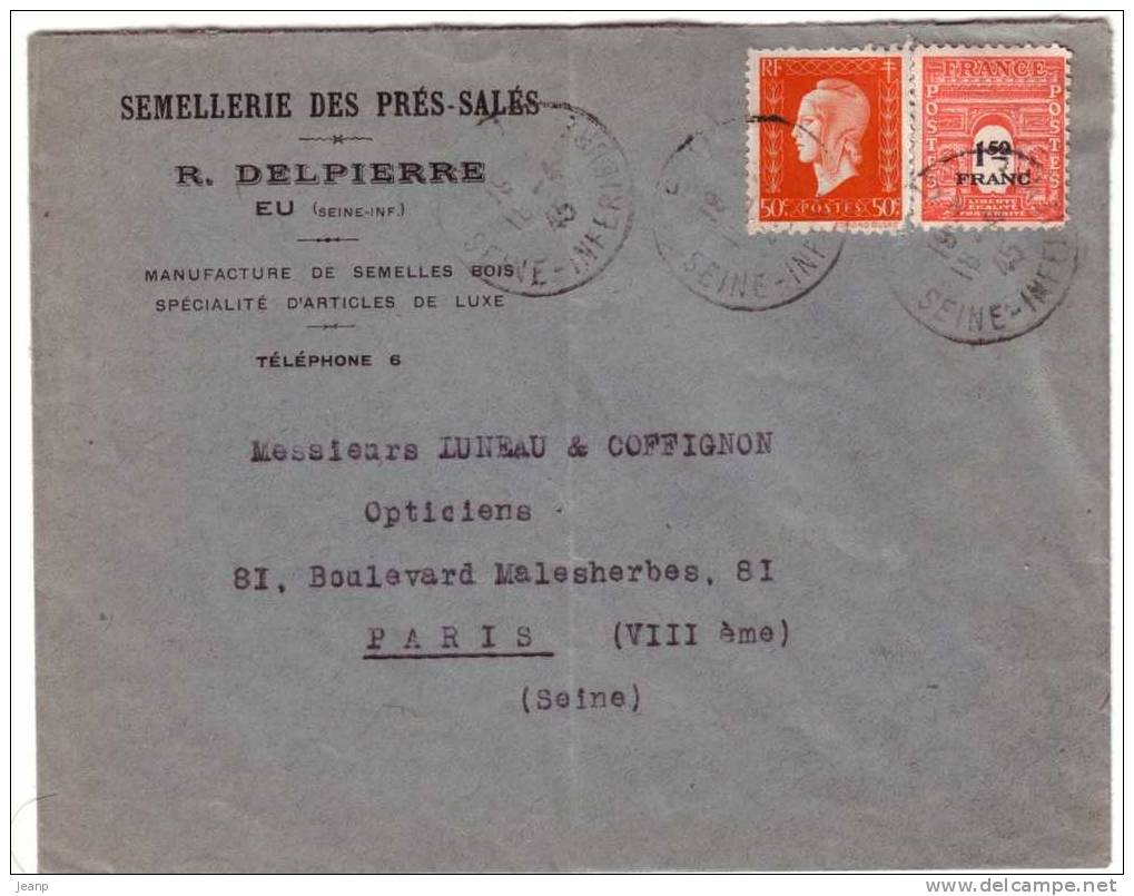 Marianne De Dulac 50c Orange Et Arc De Triomphe Sur LSI, 16-4-45, Bonne Date - Covers & Documents