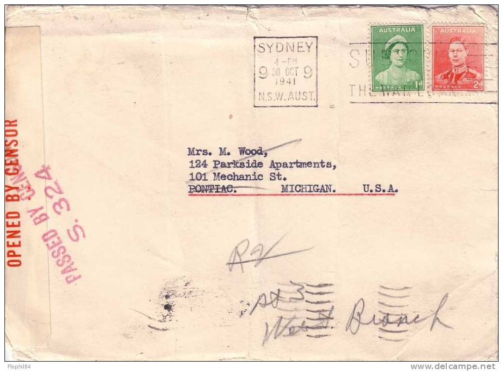 AUSTRALIE-SYDNEY 30-10-1941-CENSURE ET BANDE CENSURE POUR LES USA - Postmark Collection