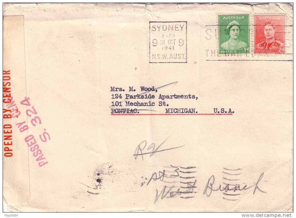 AUSTRALIE-SYDNEY 30-10-1941-CENSURE ET BANDE CENSURE POUR LES USA - Poststempel